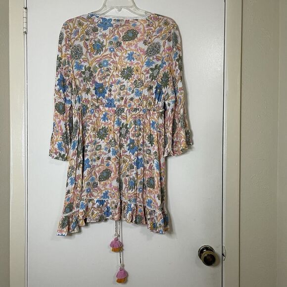 NWOT Playa Lucila Mini kimono multi color floral tassle tie medium - Picture 8 of 9